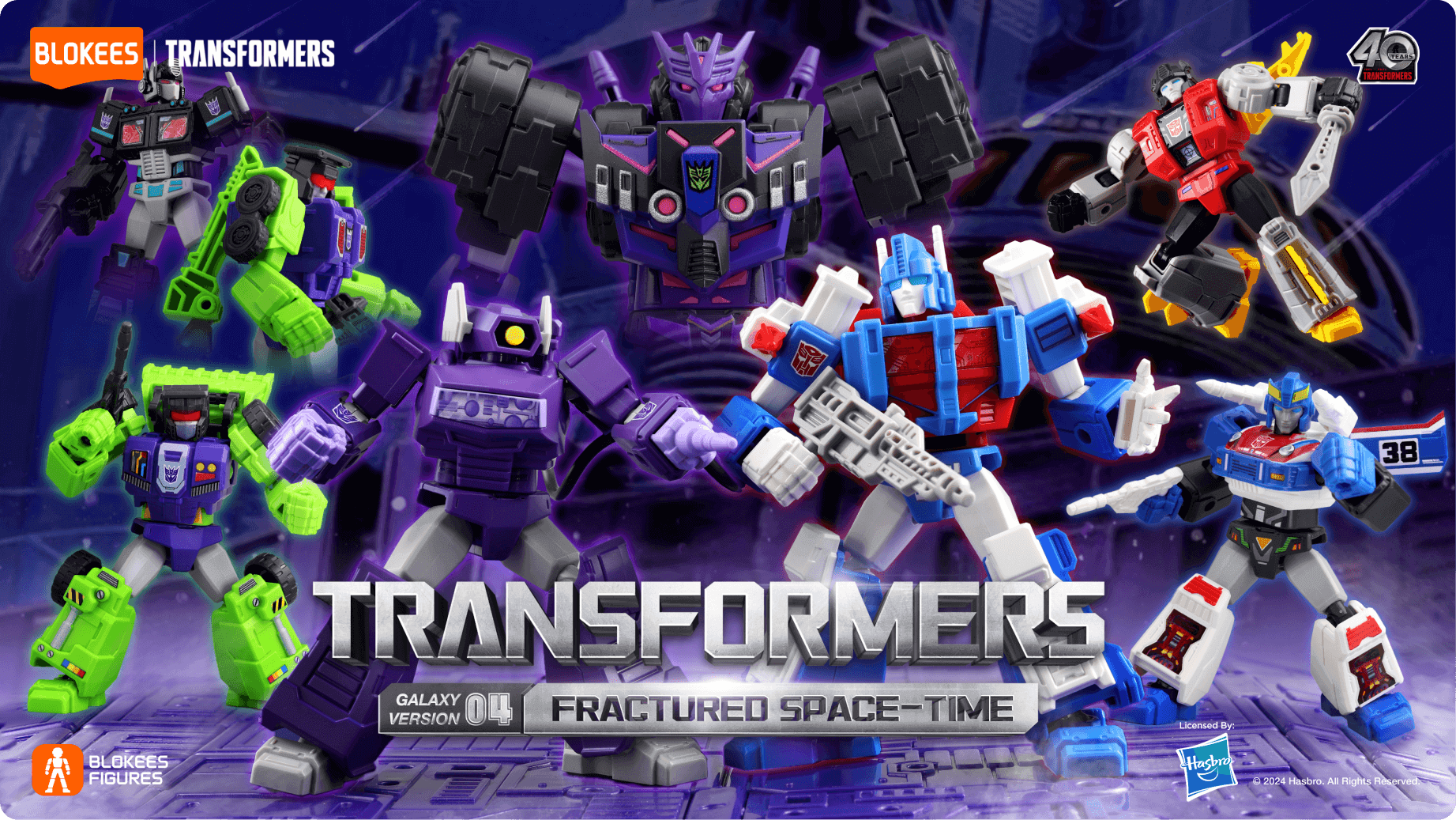 Transformers characters assembled together for a group shot display.