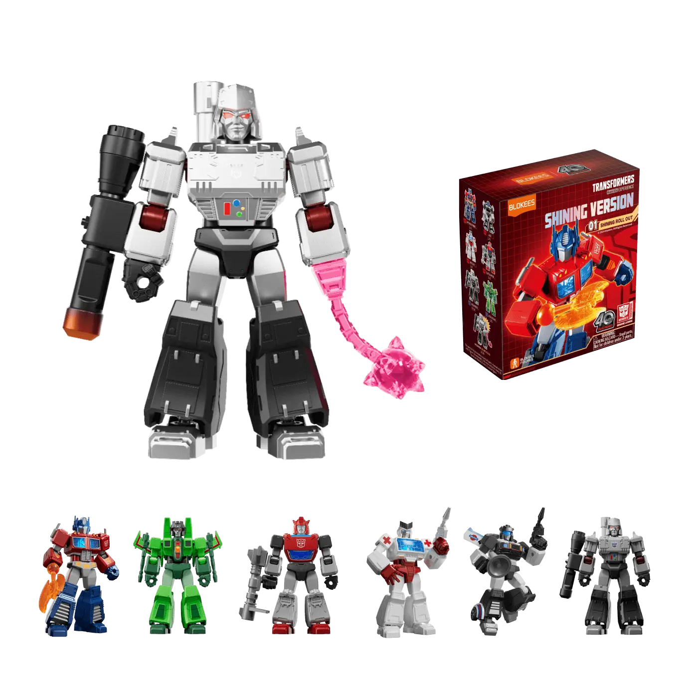 Transformers characters lined up in Shining Version 01 display.