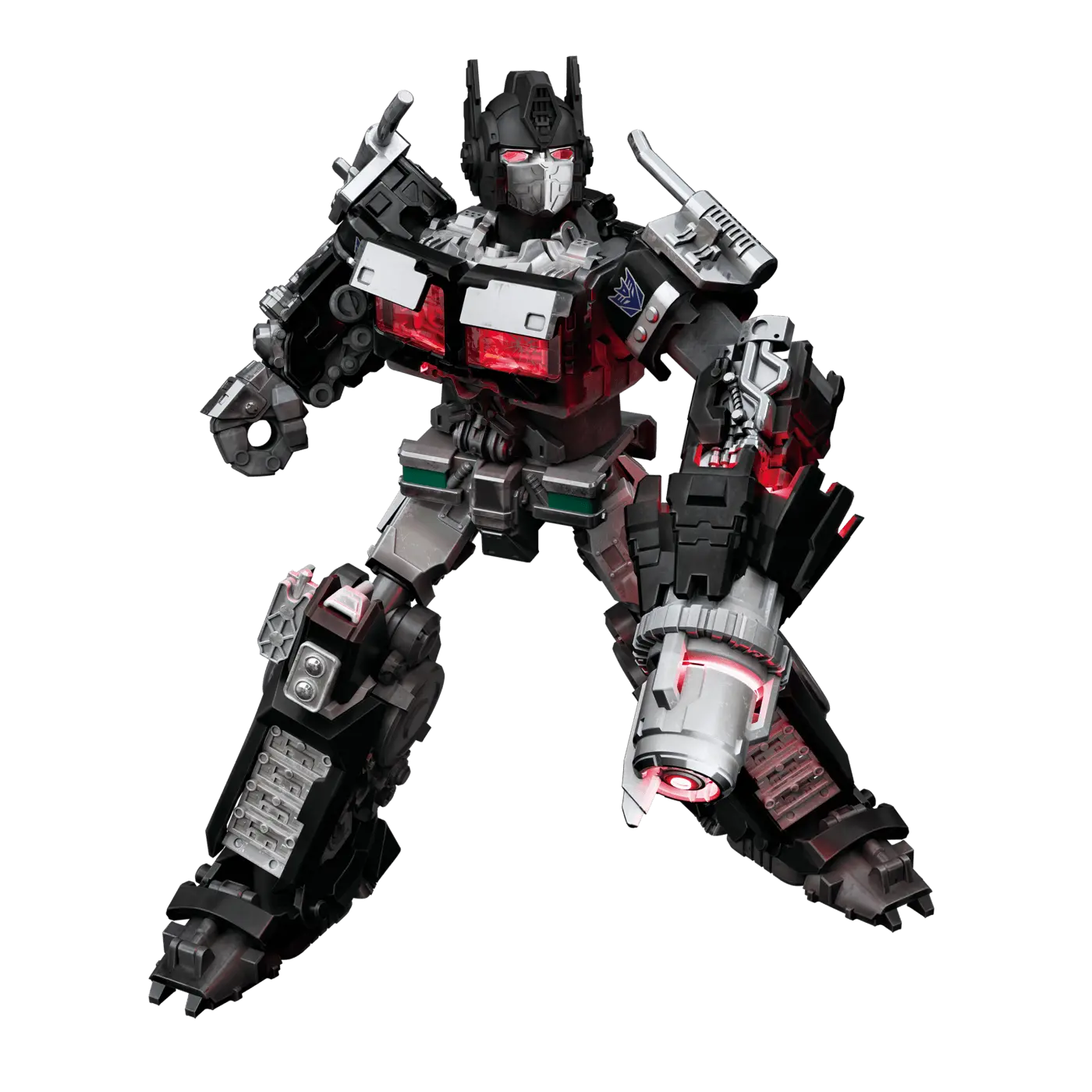 Make Black utterly merciless killer character Nemesis Prime in action pose, highlighting its strength